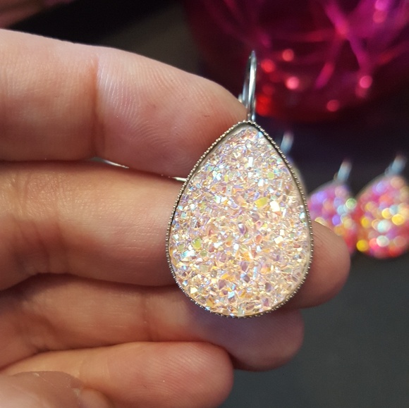 Pale Peach Pink Teardrop Druzy Earrings - Picture 2 of 2